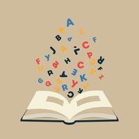 Open book with colorful flying letters educational concept illustration vector