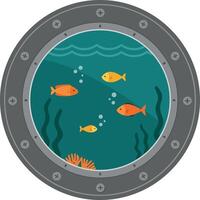 Underwater fish view through ship porthole showing seaweed and bubbles in ocean vector