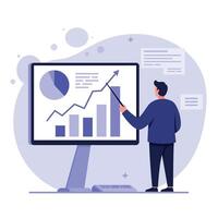 Businessman analyzing growth chart on computer screen in modern office setting illustration vector