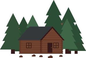 Wooden Cabin Surrounded by Green Pine Trees in Simple Illustration Design vector