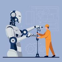 Robot and Worker Collaborating on Industrial Machine Innovation in Modern Technology Illustration vector