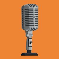 Vintage microphone illustration on orange background with detailed shading and metallic texture vector
