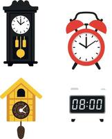 Classic and Modern Clocks Set Including Cuckoo Grandfather Digital Alarm Clock vector