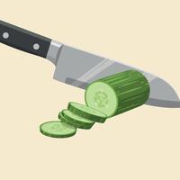 Sliced cucumber with kitchen knife illustration fresh vegetable preparation vector