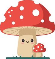 Cute red spotted mushroom character with small mushroom illustration design vector