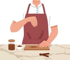 Person in apron sprinkling spice on wooden board with cinnamon sticks and jar on countertop illustration vector