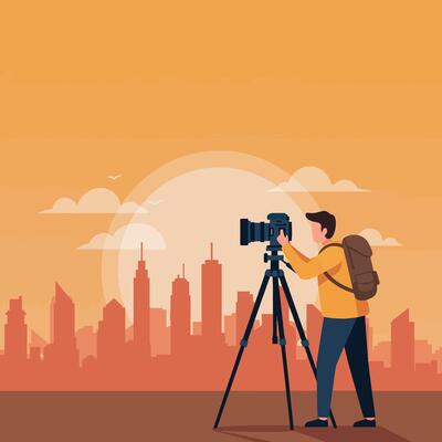 Photographer capturing city skyline with camera on tripod during sunset illustration
