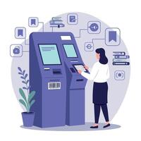Self service kiosk with woman using touchscreen for digital transactions illustration vector