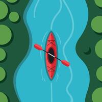 Kayaking on Blue River Surrounded by Green Trees Top View Illustration vector