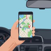 Hand holding smartphone with GPS navigation map inside car dashboard illustration vector