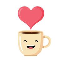 Coffee cup with smiling face and red heart steam love design illustration vector