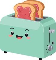 Cute mint green toaster with two slices of jam toast illustration vector