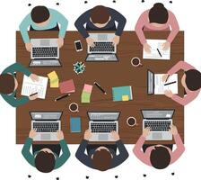 Group of people working together on laptops and documents at office table teamwork collaboration illustration vector