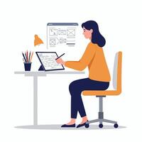 Woman working on digital tablet creating wireframe design at desk in modern workspace vector