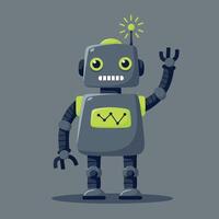 Friendly grey robot waving with glowing antenna illustration in square format vector