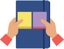Hands holding notebook with colorful sticky notes flat illustration vector