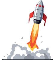 Rocket Launch Illustration with Red Fins and Flames Taking Off vector