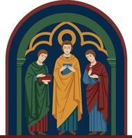 Three Saints in Medieval Style Arch with Colorful Robes Religious Illustration vector