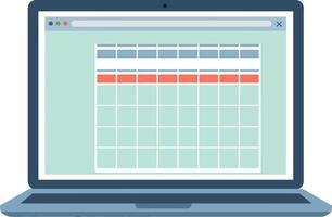 Laptop screen showing calendar schedule with highlighted dates in red and blue illustration vector