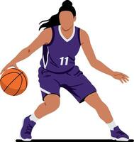 Female basketball player dribbling ball in purple uniform with number eleven dynamic sports action vector