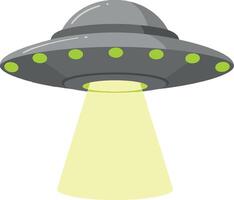 Flying saucer spaceship with glowing lights and bright beam illustration futuristic design vector
