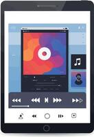 Tablet Device Showing Music Player Interface with Colorful Album Art and Playback Controls vector