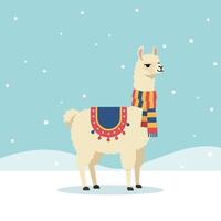 Llama with Colorful Scarf and Saddle in Snowy Winter Scene Illustration vector