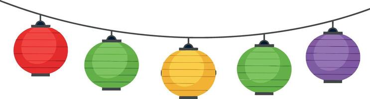 Colorful string of hanging paper lanterns in red green yellow and purple illustration vector