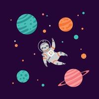 Sloth Astronaut Floating in Space with Colorful Planets and Stars Illustration vector