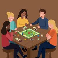 Group of diverse friends playing board game together at home in relaxed atmosphere vector