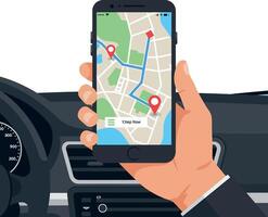 Smartphone with navigation app showing route inside car dashboard for driving directions vector