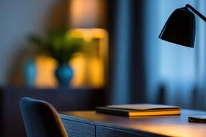 Desk lamp illuminates workspace in evening glow photo