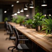 Modern workspace with plants and bright lighting photo