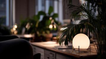 Cozy workspace with plants and warm lighting at dusk photo