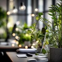 Office workspace filled with greenery and warm lighting photo