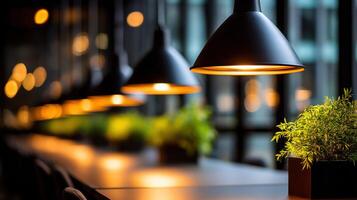 Cozy interior with warm lighting and greenery in a cafe photo