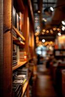 Cozy bookstore interior with warm lights and shelves photo