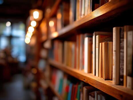 acogedor estante para libros lleno con libros en un calentar café foto