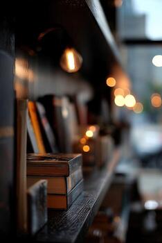 calentar y atractivo estante para libros en un acogedor espacio foto