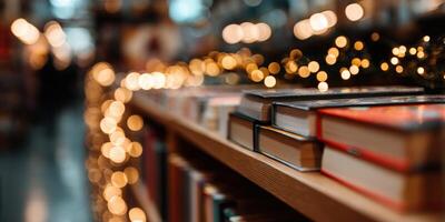 Cozy bookshop with glowing lights and stacked books photo