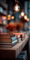 Cozy atmosphere with books and warm lighting in a cafe photo