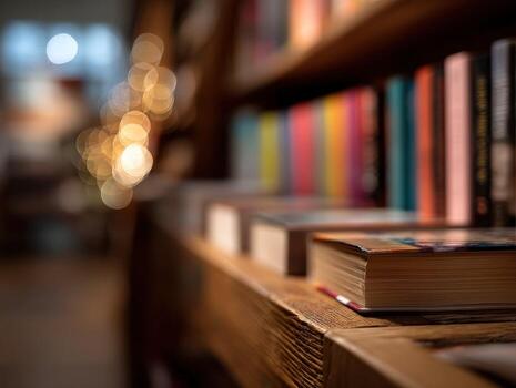 libros desplegado en un de madera estante en un acogedor biblioteca ajuste foto