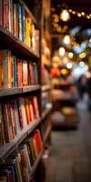 Cozy bookstore with warm lights and colorful shelves photo