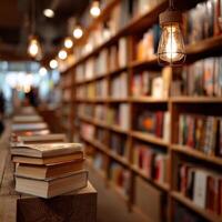 Cozy bookstore featuring warm lighting and stacked books photo