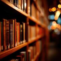Shelves filled with books in a cozy library corner photo