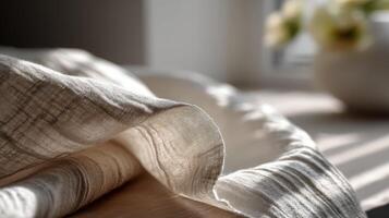 Subtle elegance of a fabric draped softly on a wooden surface photo