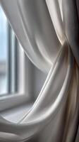 Elegant sheer curtains gently draped by a sunlit window photo