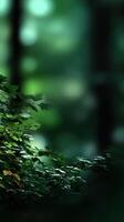 Lush green leaves glisten under soft sunlight filtering through trees photo