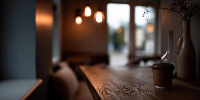 Warm and inviting coffee nook bathed in soft evening light photo