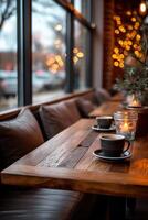 Warm and cozy atmosphere in a stylish cafe with soft lighting photo